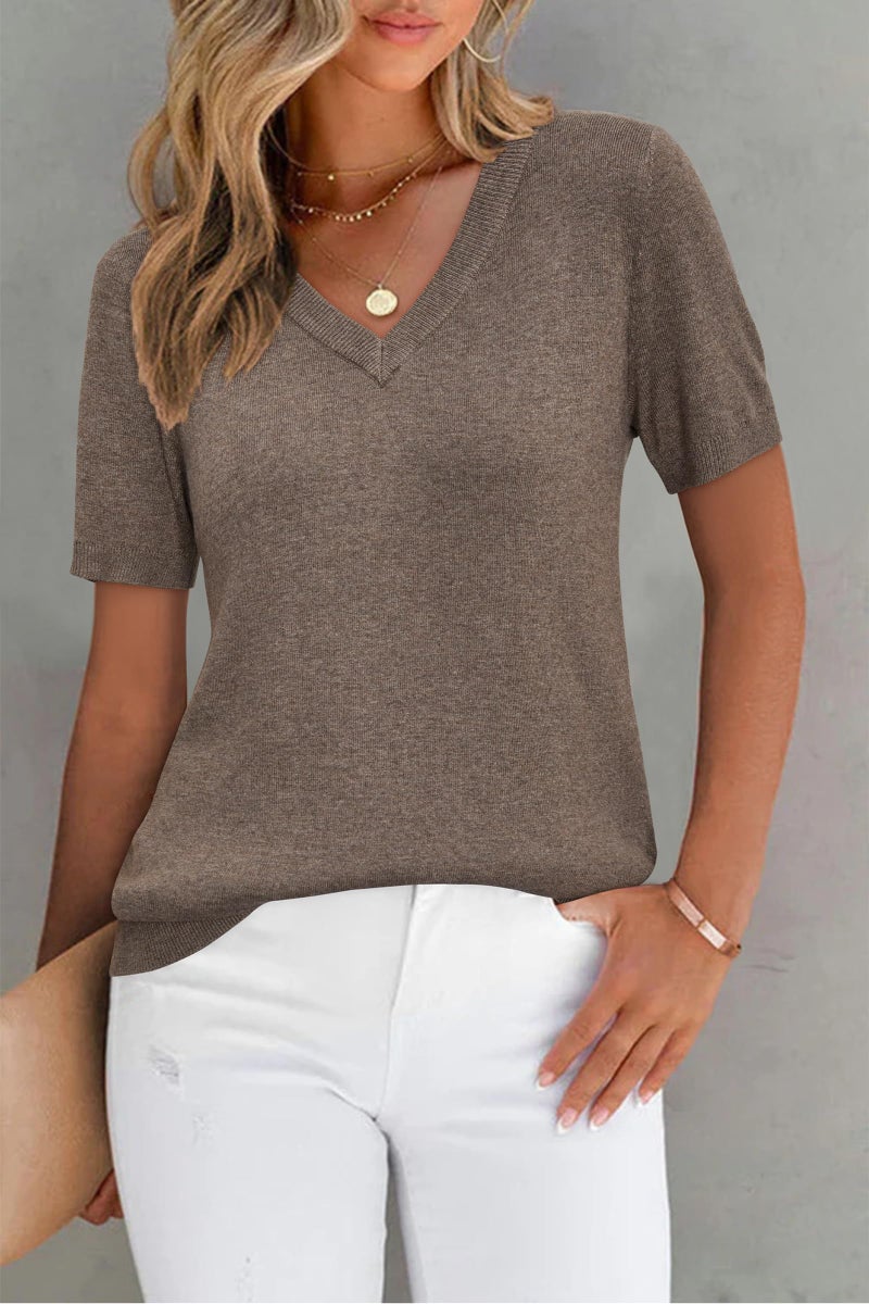 Arach&Cloz Womens Short Sleeve Sweater 2026 Summer Spring Business Casual Outfits Old Money Clothes V Neck Resort Wear Lightweight Tops Trendy Cashmere Wool Capsule Wardrobe Blouse Shirts Coffee M - Image 2