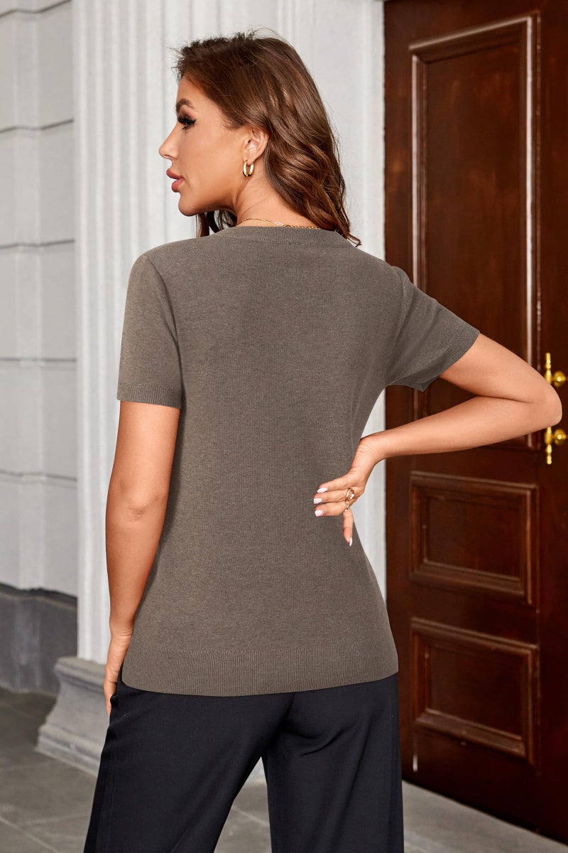 Arach&Cloz Womens Short Sleeve Sweater 2026 Summer Spring Business Casual Outfits Old Money Clothes V Neck Resort Wear Lightweight Tops Trendy Cashmere Wool Capsule Wardrobe Blouse Shirts Coffee M - Image 4