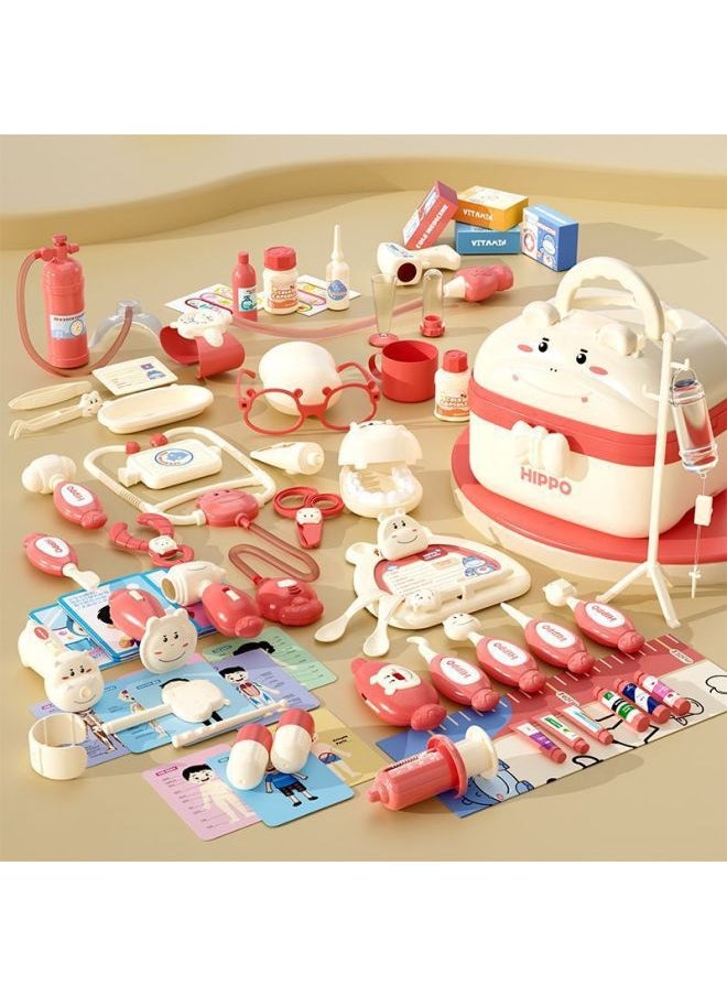 Simulation Children's Medicine Box Toys Full Set Of Small Doctor Equipment Children's Toys Girls Children's Toolbox-Colour:Luxury Pack [pink Hippo Storage Box] 72-piece Set-Specification:Standard Version  - Image 1