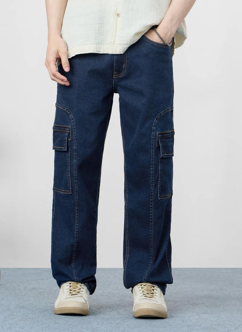 The Souled Store Men Pacific Straight Fit Denim Cargo Jeans