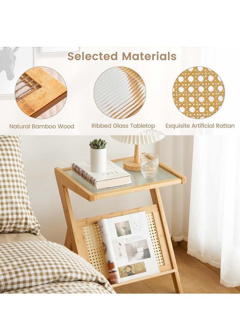 FFD Bamboo & Rattan  Z-Shaped End Table with Glass Top - Ideal for Compact Living - Image 3