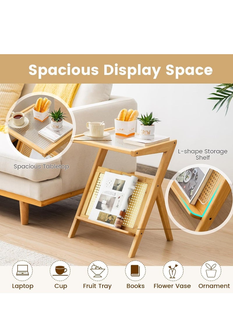 FFD Bamboo & Rattan  Z-Shaped End Table with Glass Top - Ideal for Compact Living - Image 5