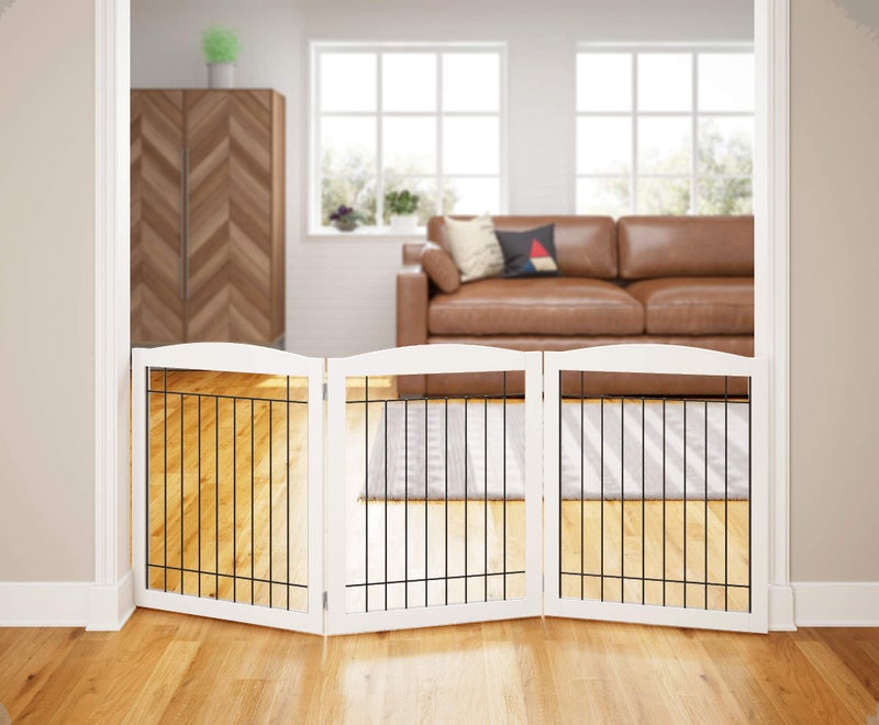 PAWLAND 72â€œ Extra Wide Dog gate for The House, Doorway, Stairs, Freestanding Foldable Wire Pet Gate, Pet Puppy Safety Fence, 30" Height (White, 3 Panels) - Image 1
