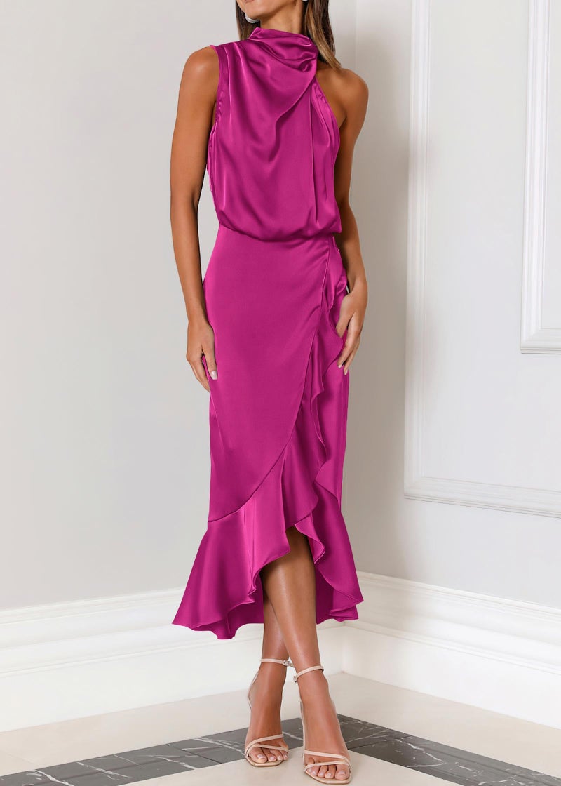 KIRUNDO Women 2026 Spring Summer Satin Mock Neck Wedding Guest Party Cocktail Midi Dress Sleeveless Wrap Ruffle Formal Dress(Rose Red, Small) - Image 4