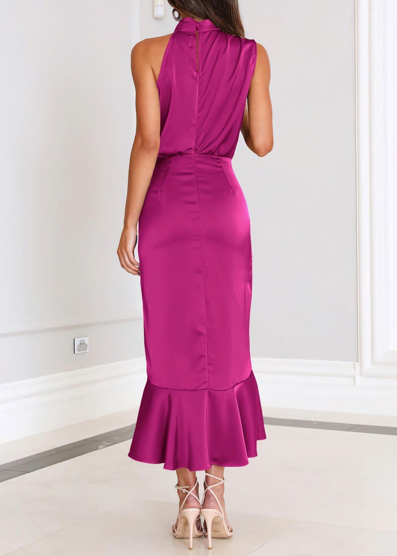 KIRUNDO Women 2026 Spring Summer Satin Mock Neck Wedding Guest Party Cocktail Midi Dress Sleeveless Wrap Ruffle Formal Dress(Rose Red, Small) - Image 5