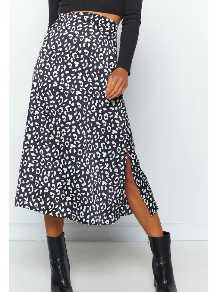 Loquat Women High Waist Skirt Leopard Print Midi Beach Side Slit Skirt Black  - Image 1