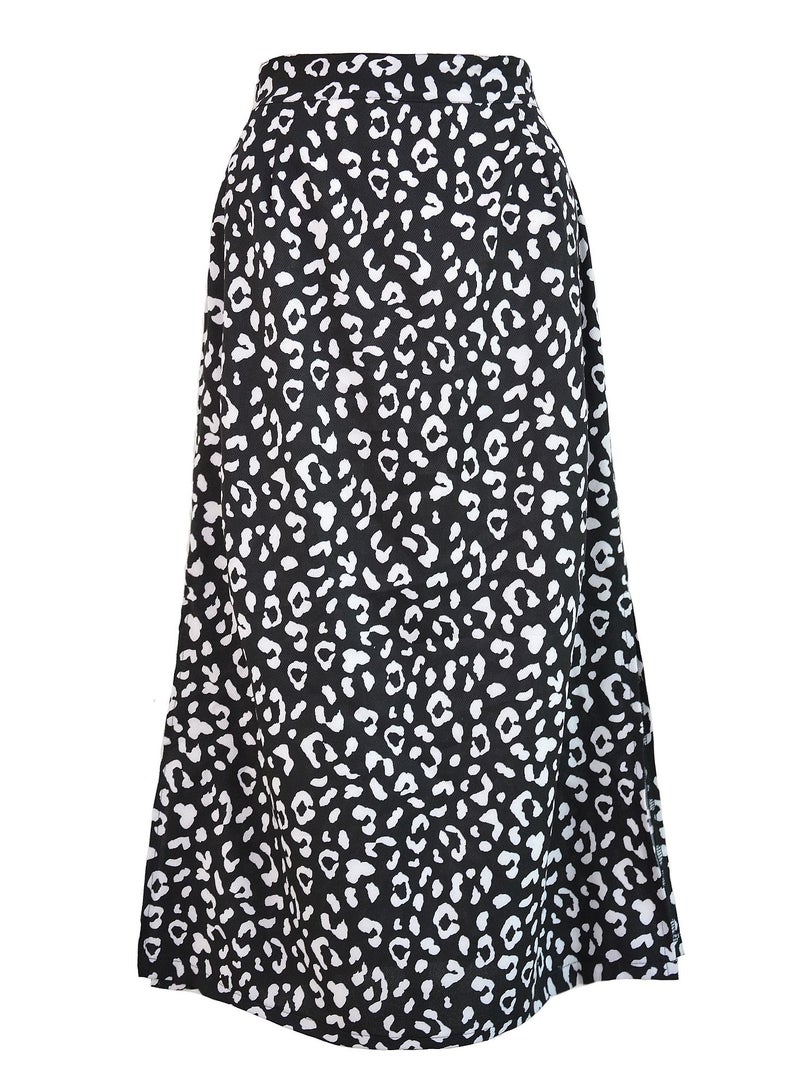 Loquat Women High Waist Skirt Leopard Print Midi Beach Side Slit Skirt Black  - Image 3