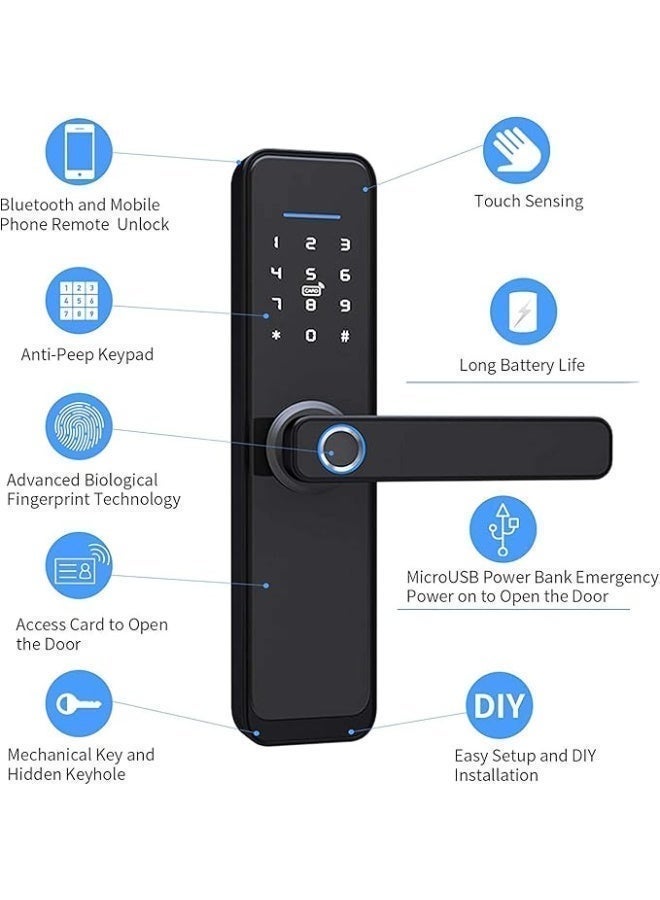 مقبض قفل باب ذكي Tuya Zigbee – موديل 528 (أسود) | قفل ذكي 5 في 1: بصمة إصبع، كارت IC، رمز مرور، تطبيق TTLock، ومفتاح ميكانيكي، مع تقنية أمان بيومترية ثلاثية الأبعاد