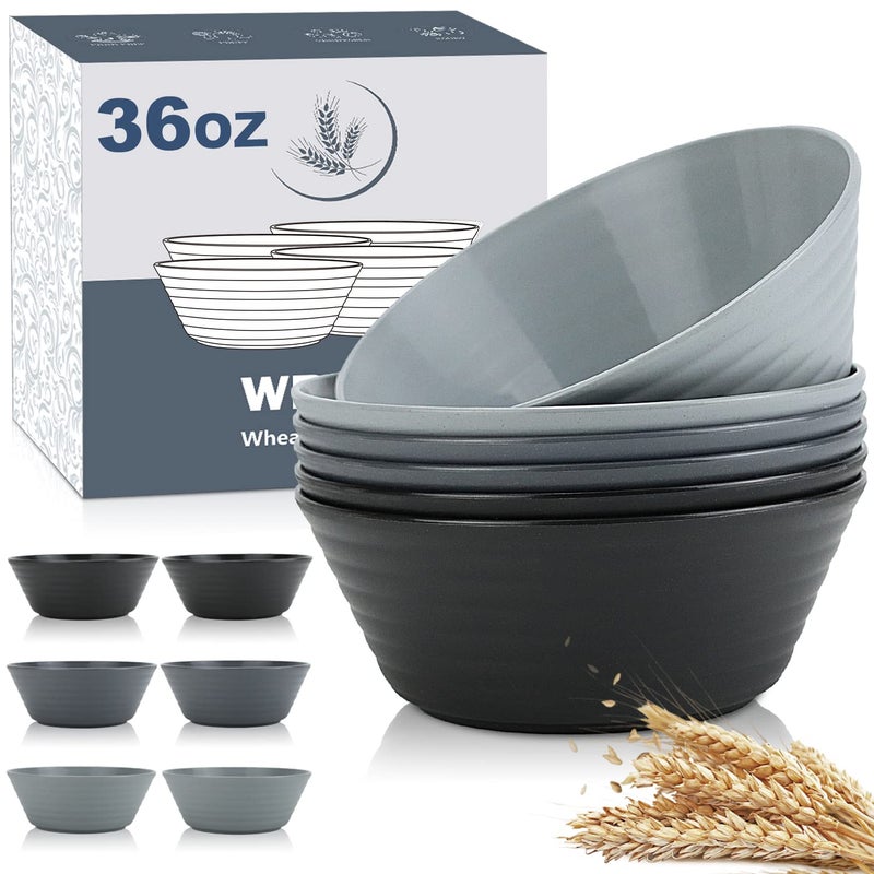 Wrova Wheat Straw Bowl Sets,6 PCS Unbreakable Cereal Bowl 36 OZ,Microwave and Dishwasher Safe Bowls,Salad Bowls for Camping,Rv,Apartment,Dorm,Party (Black Grey) - Image 1