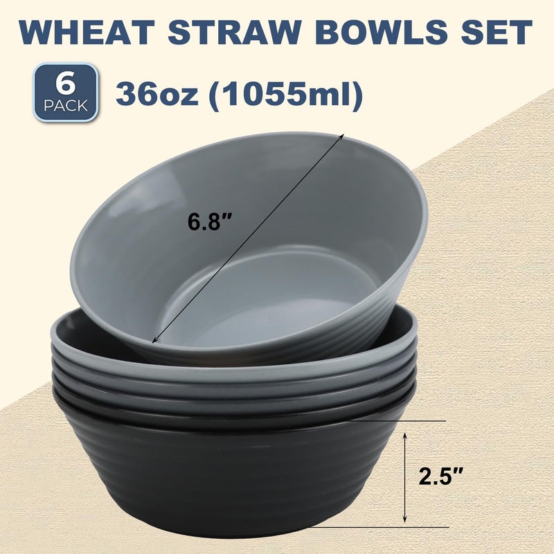 Wrova Wheat Straw Bowl Sets,6 PCS Unbreakable Cereal Bowl 36 OZ,Microwave and Dishwasher Safe Bowls,Salad Bowls for Camping,Rv,Apartment,Dorm,Party (Black Grey) - Image 2