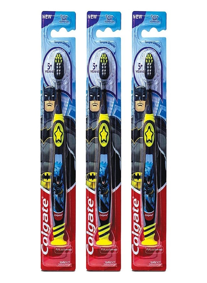 Colgate Kids Batman Toothbrush for 5+ years, Pack of 3, Extra Soft Bristles with Tongue Cleaner - Image 1