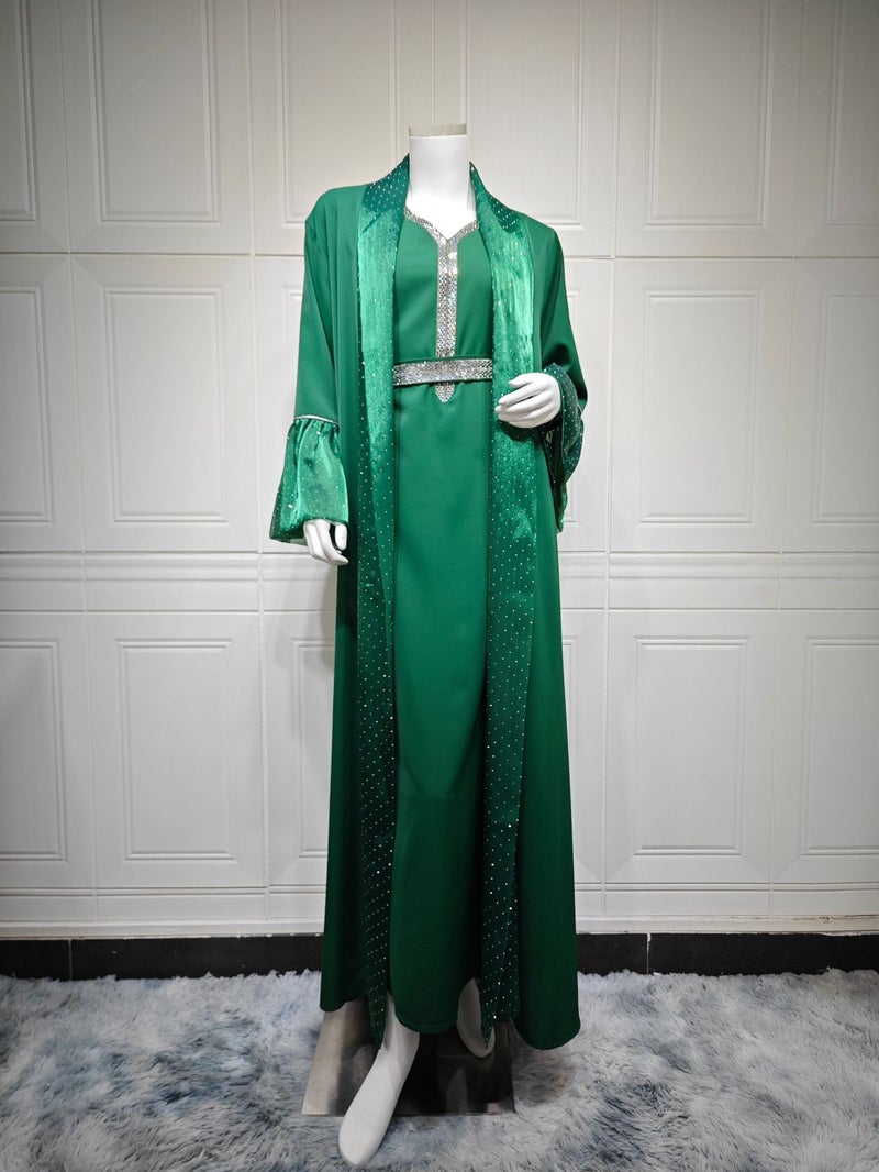 AB536 Women's Kaftan 3-Piece Set with Crystal Rhinestone Decor, Flounce Sleeves, Elegant Long Dress