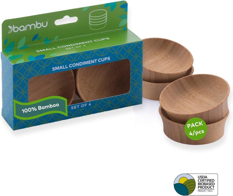Bambu Pack of 4  Small Reusable Bamboo Condiment Cups Natural Wood and FoodSafe Finish Eco Friendly Dish Alternative Compostable Cups - Image 1