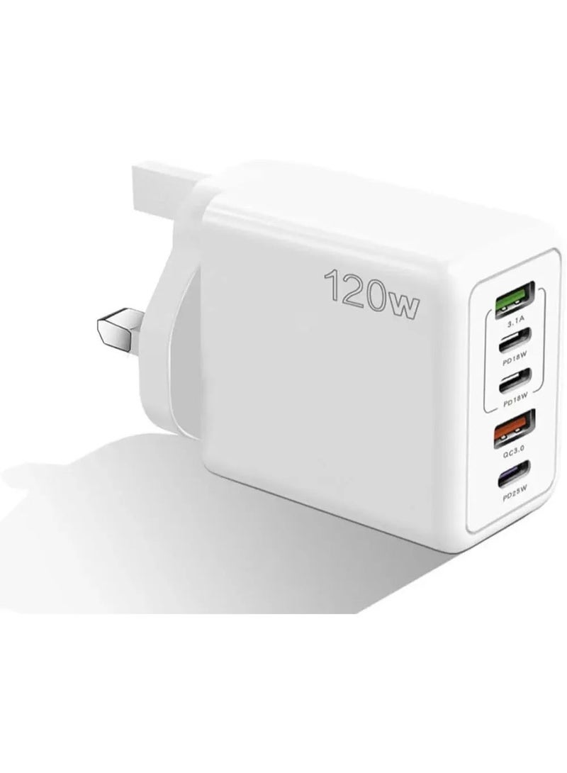 شاحن USB من النوع C بقوة 120 واط، شحن سريع، محول سفر بخمسة منافذ، منفذان USB، ثلاثة منافذ من النوع C، متوافق مع جميع الهواتف - Image 1