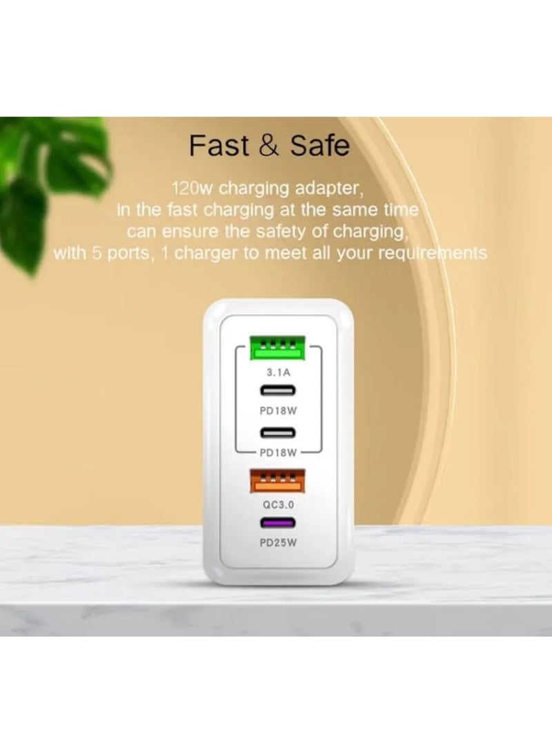 شاحن USB من النوع C بقوة 120 واط، شحن سريع، محول سفر بخمسة منافذ، منفذان USB، ثلاثة منافذ من النوع C، متوافق مع جميع الهواتف - Image 2