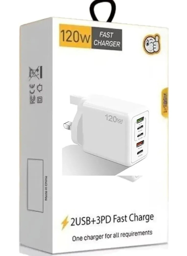 شاحن USB من النوع C بقوة 120 واط، شحن سريع، محول سفر بخمسة منافذ، منفذان USB، ثلاثة منافذ من النوع C، متوافق مع جميع الهواتف - Image 3