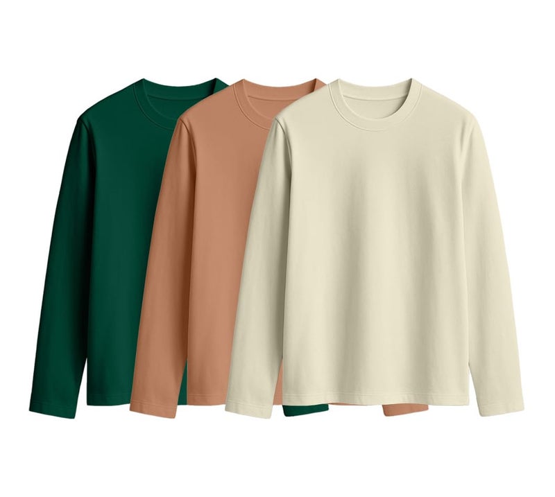 JUNEBERRY® Cotton Round Neck Regular Fit Plain Solid Full Sleeve T-Shirt Combo for Women (Pack of 3) (PO3_JB_FS_SW_GR_CR_M) - Image 1