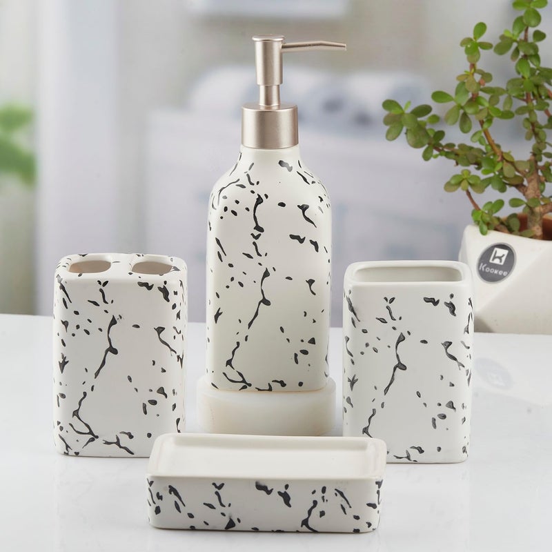 Kookee Ceramic Bathroom Set - Stylish 4 Piece Bath Accessories Kit with Soap Dispenser, Toothbrush Holder, Tumbler & Soap Dish - Modern & Designer Decor for Home & Guest Bathrooms, White (10445) - Image 4