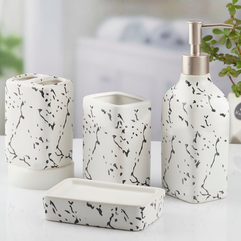 Kookee Ceramic Bathroom Set - Stylish 4 Piece Bath Accessories Kit with Soap Dispenser, Toothbrush Holder, Tumbler & Soap Dish - Modern & Designer Decor for Home & Guest Bathrooms, White (10445) - Image 3