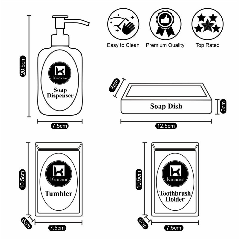 Kookee Ceramic Bathroom Set - Stylish 4 Piece Bath Accessories Kit with Soap Dispenser, Toothbrush Holder, Tumbler & Soap Dish - Modern & Designer Decor for Home & Guest Bathrooms, White (10445) - Image 5