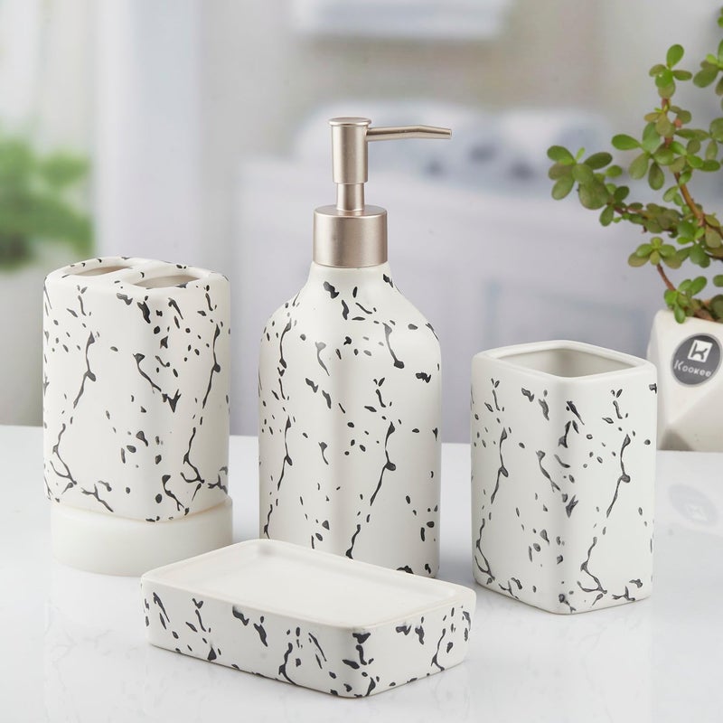 Kookee Ceramic Bathroom Set - Stylish 4 Piece Bath Accessories Kit with Soap Dispenser, Toothbrush Holder, Tumbler & Soap Dish - Modern & Designer Decor for Home & Guest Bathrooms, White (10445) - Image 2