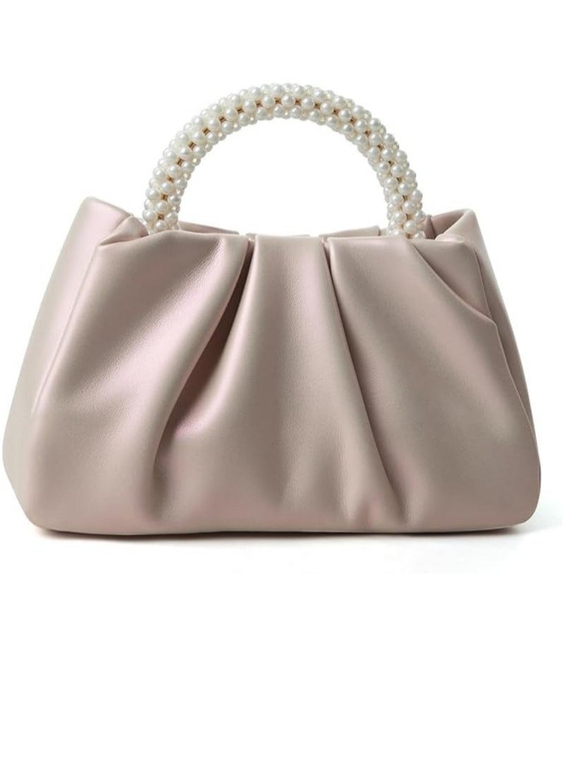 Exquisite Evening Dress Small Purse Women's Mini Pearl Handbag Delicate Leather Ruched Body Wedding Banquet Bride Clutch Party Prom Crossbody Small Bag（Pearlescent pink） - Image 1