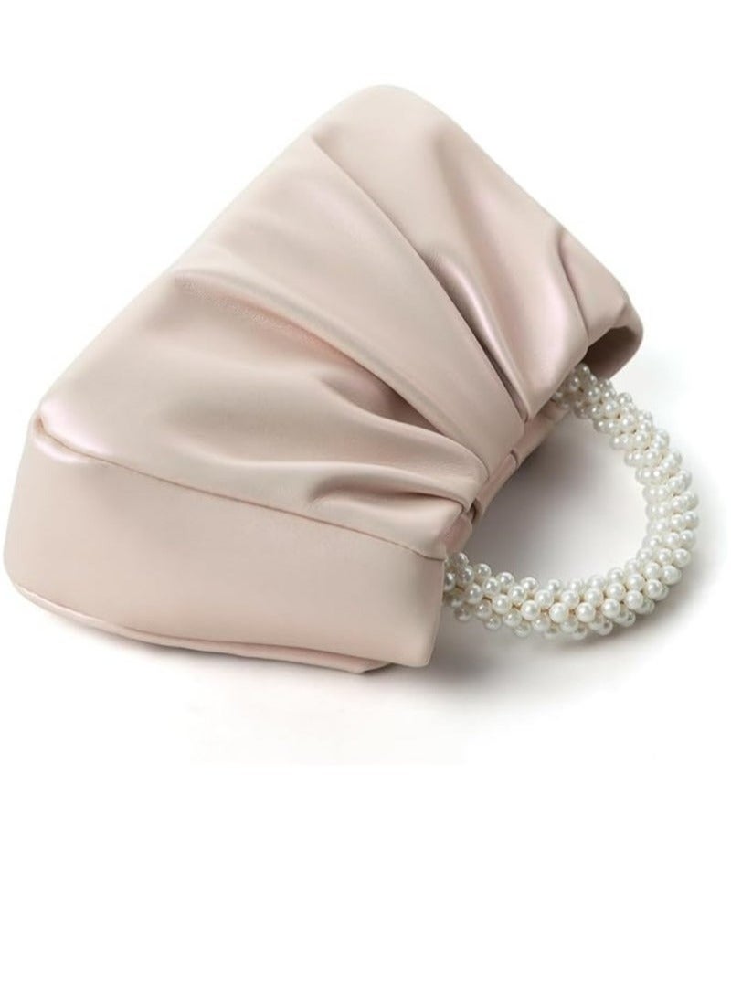 Exquisite Evening Dress Small Purse Women's Mini Pearl Handbag Delicate Leather Ruched Body Wedding Banquet Bride Clutch Party Prom Crossbody Small Bag（Pearlescent pink） - Image 2