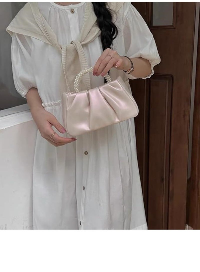 Exquisite Evening Dress Small Purse Women's Mini Pearl Handbag Delicate Leather Ruched Body Wedding Banquet Bride Clutch Party Prom Crossbody Small Bag（Pearlescent pink） - Image 3