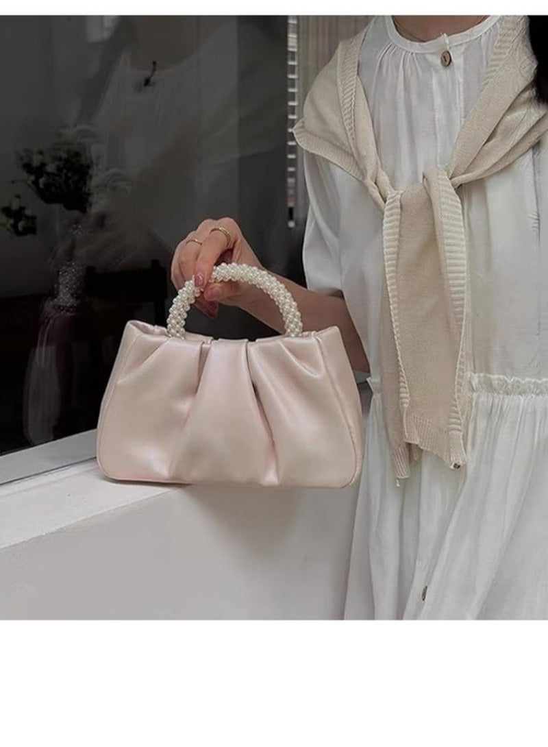 Exquisite Evening Dress Small Purse Women's Mini Pearl Handbag Delicate Leather Ruched Body Wedding Banquet Bride Clutch Party Prom Crossbody Small Bag（Pearlescent pink） - Image 4
