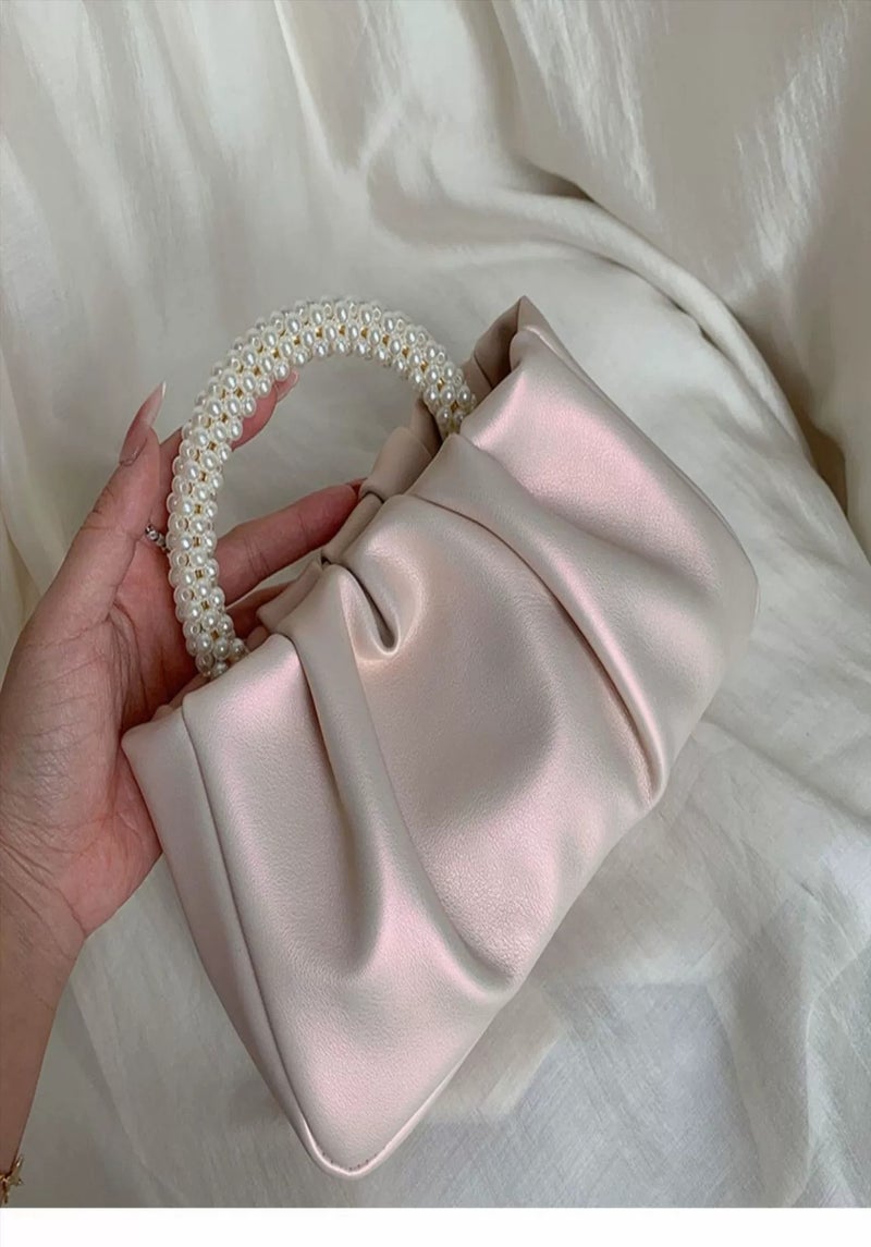 Exquisite Evening Dress Small Purse Women's Mini Pearl Handbag Delicate Leather Ruched Body Wedding Banquet Bride Clutch Party Prom Crossbody Small Bag（Pearlescent pink） - Image 5