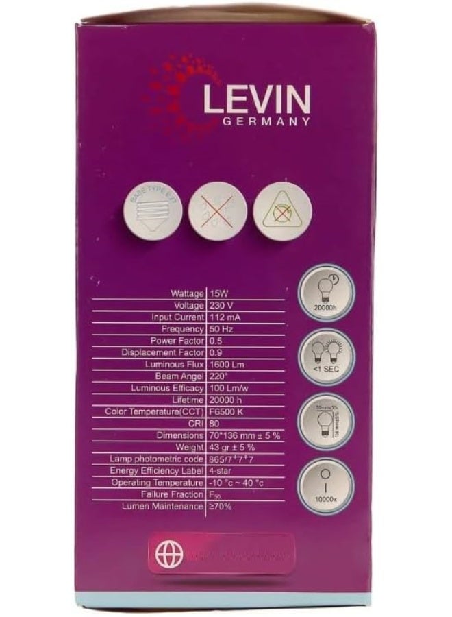 Levin Germany 6500K Led Cool White E27 Screw Type Bulb 15W - Image 4