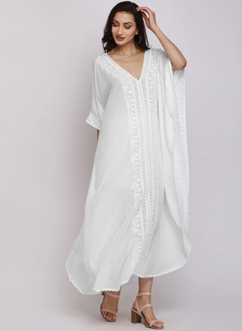 Alaya Embroidered Chikankari Cotton Kaftan White-AL2556