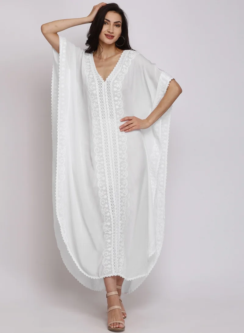 Alaya Embroidered Chikankari Cotton Kaftan White-AL2556