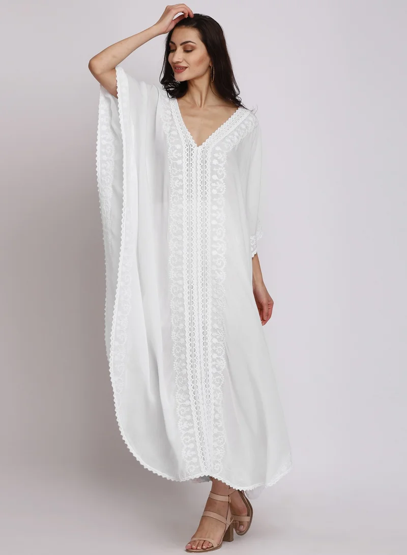 Alaya Embroidered Chikankari Cotton Kaftan White-AL2556