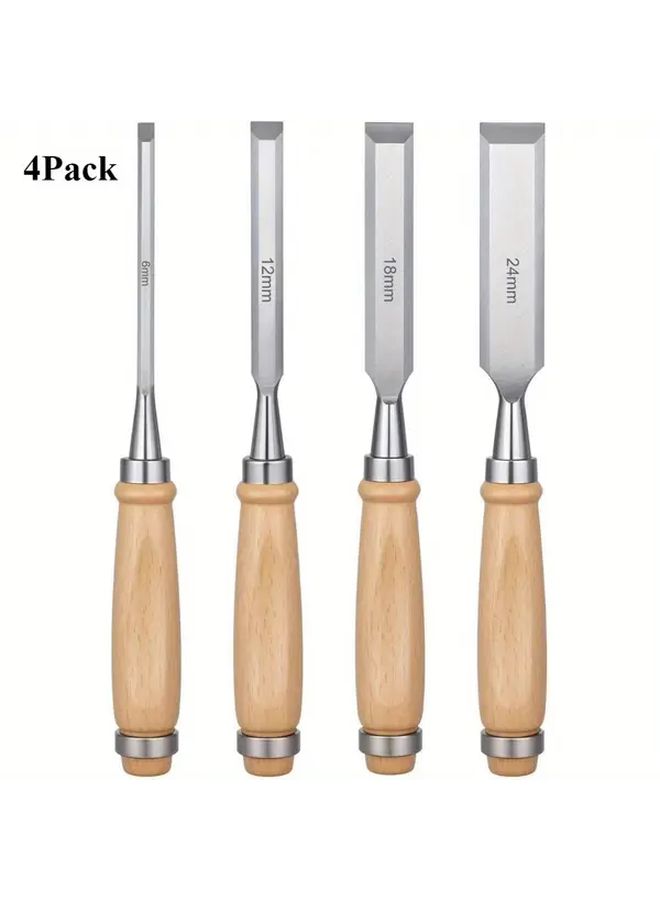 4 Pieces Pack 3rd Generation Upgraded Version Bevel Chisel Combination Professional Woodworking Chisels High Carbon Steel Blades Solid Wood Handle 6mm 12mm 18mm 24mm - Image 2