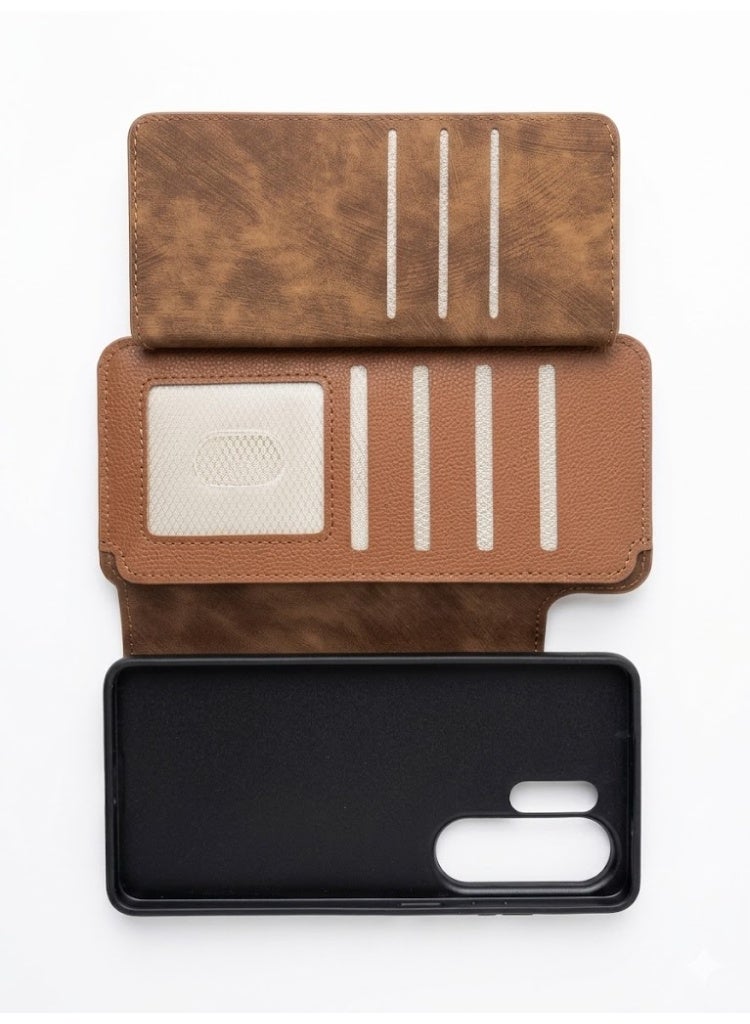 Samsung Galaxy S26 Ultra Magnetic Leather Wallet Case, Protective Flip Cover, Hand Strap & Zipper Card Wallet, Brown - Image 3