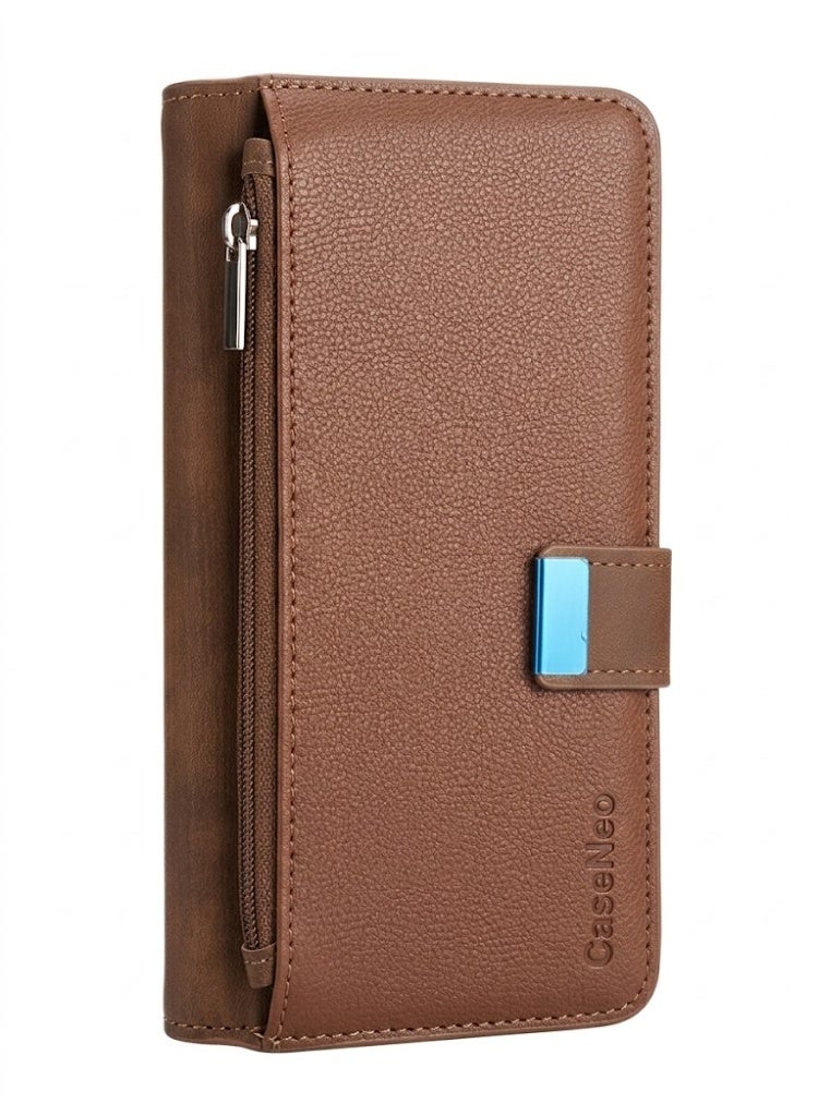 Samsung Galaxy S26 Ultra Magnetic Leather Wallet Case, Protective Flip Cover, Hand Strap & Zipper Card Wallet, Brown - Image 1
