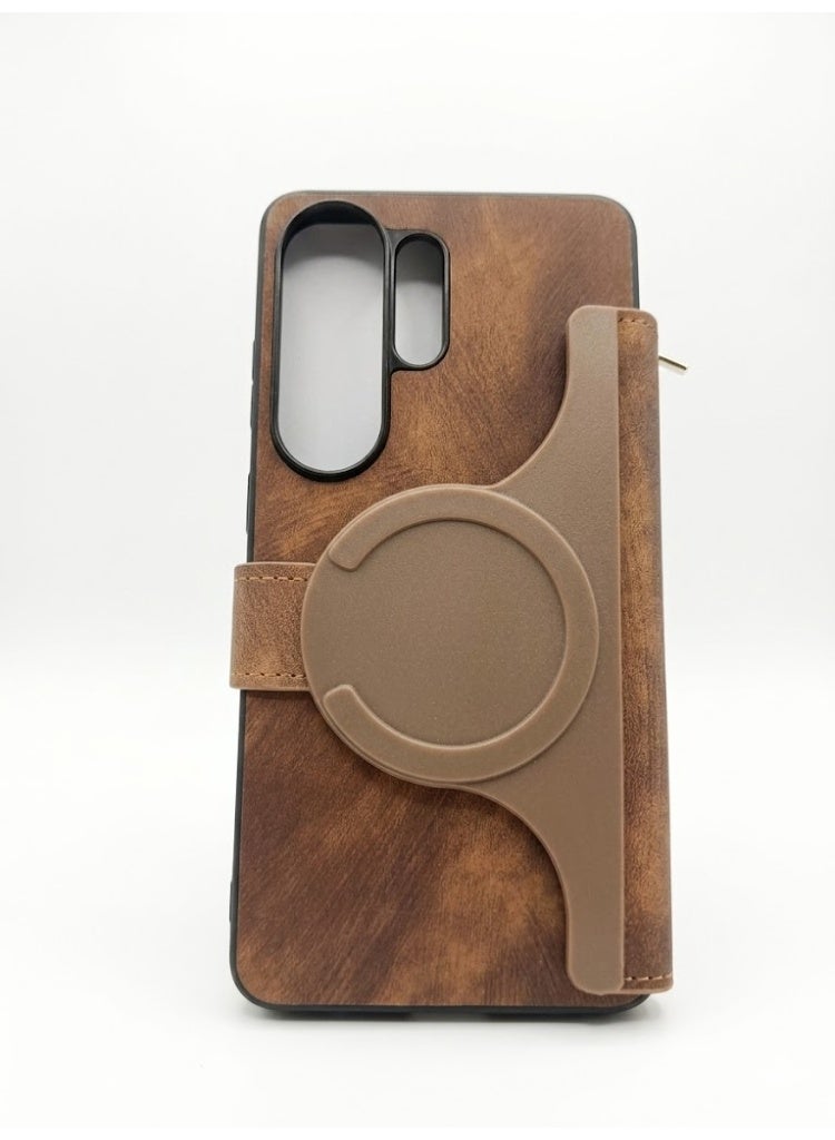 Samsung Galaxy S26 Ultra Magnetic Leather Wallet Case, Protective Flip Cover, Hand Strap & Zipper Card Wallet, Brown - Image 2