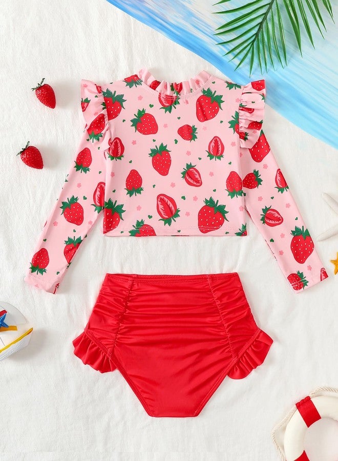 Mioglrie Bathing Suits for Toddler Girls 2 Years Rash Guard Swimsuit Sets Two Piece Long Sleeve Ruffle Red Floral Print Swimwear with Bikini Bottoms - Image 3