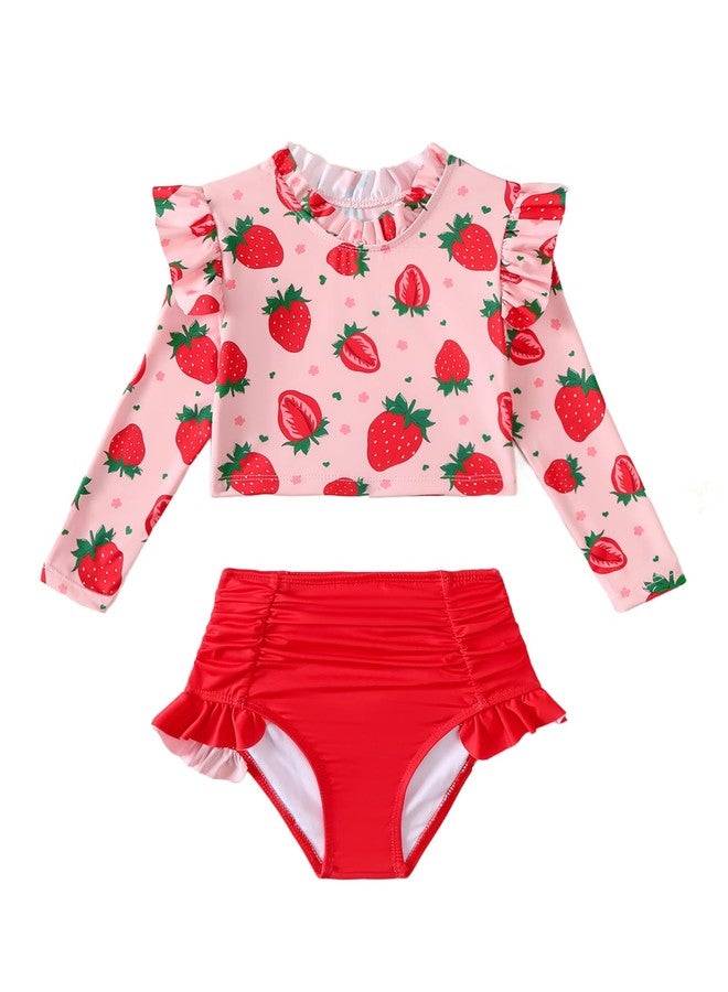 Mioglrie Bathing Suits for Toddler Girls 2 Years Rash Guard Swimsuit Sets Two Piece Long Sleeve Ruffle Red Floral Print Swimwear with Bikini Bottoms - Image 1