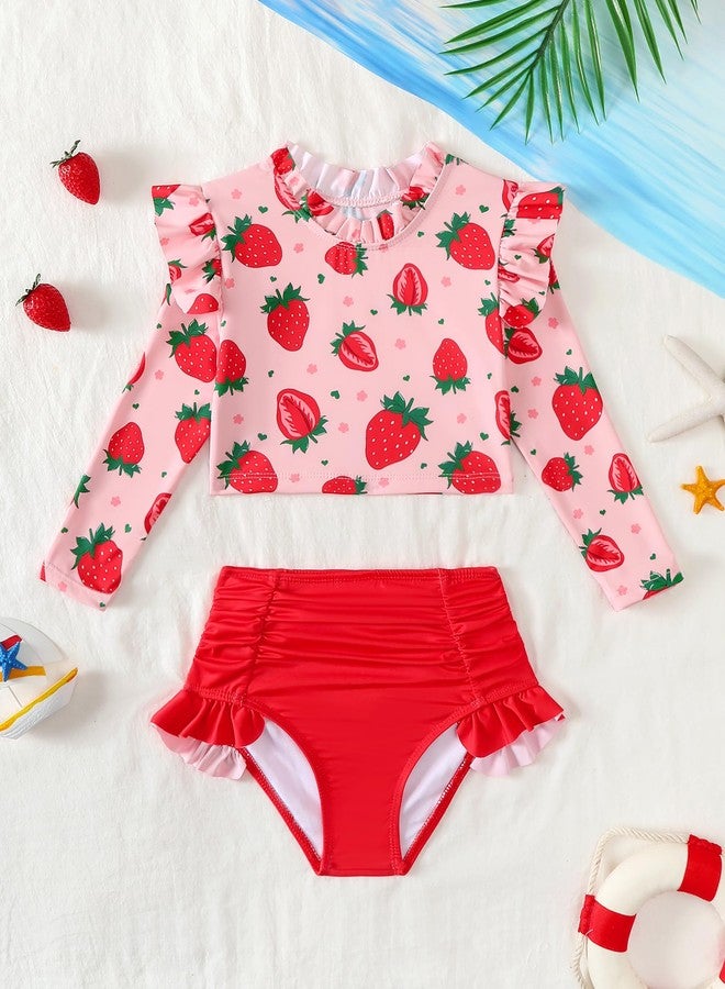 Mioglrie Bathing Suits for Toddler Girls 2 Years Rash Guard Swimsuit Sets Two Piece Long Sleeve Ruffle Red Floral Print Swimwear with Bikini Bottoms - Image 2