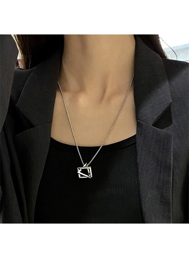 Dtja Stainless Steel Geometric Pendant Necklace for Women Girls Men Silver Plated Triangle Cube Dangle Adjustable Long Box Chain Charm Punk Hip Pop Hypoallergenic Jewelry - Image 2