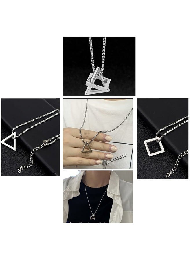 Dtja Stainless Steel Geometric Pendant Necklace for Women Girls Men Silver Plated Triangle Cube Dangle Adjustable Long Box Chain Charm Punk Hip Pop Hypoallergenic Jewelry - Image 4