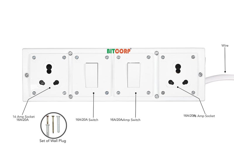 BITCORP Bitcorp Extension Box 15A 16A 20A 2 Socket 2 Switch 3500 Load Capacity Surge Protection High Load Capacity with 3 Meter Long Wire Cord for ChargerAcRefrigeratorWashing MachineMicrowave  - Image 3