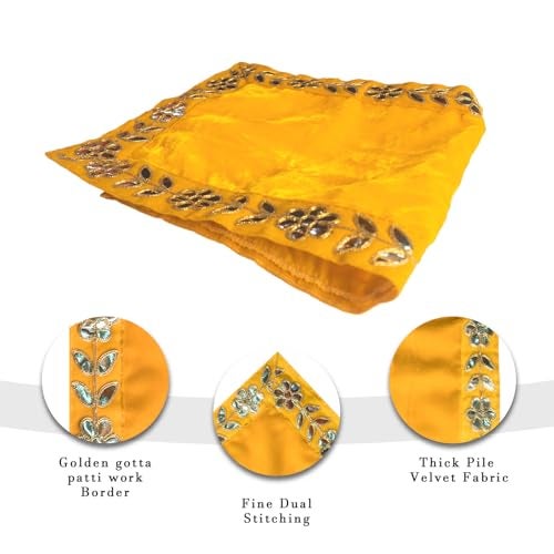 Dulhan Designer Pooja Cloth for Mandir |Pack of 2| Long Size Puja Aasan, 10x30 Inch, Yellow Velvet Altar Cloth for Puja Table, Puja for God Idol Sitting|Mandir Ka Kapda for Baithak Mat - Image 3