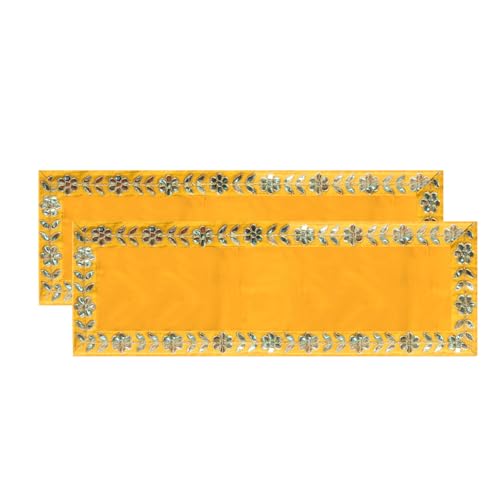Dulhan Designer Pooja Cloth for Mandir |Pack of 2| Long Size Puja Aasan, 10x30 Inch, Yellow Velvet Altar Cloth for Puja Table, Puja for God Idol Sitting|Mandir Ka Kapda for Baithak Mat - Image 1