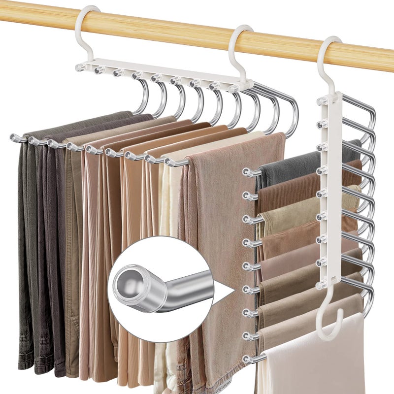 Besslly Upgrade 9 Layers Pants Hangers Space Saving, 2 Pack Pant Hangers Organizer Multifunctional Pants Rack Space Saver Closet Organizers and Storage Hangers for Pants Jeans Leggings Trousers Skirts, White - Image 1