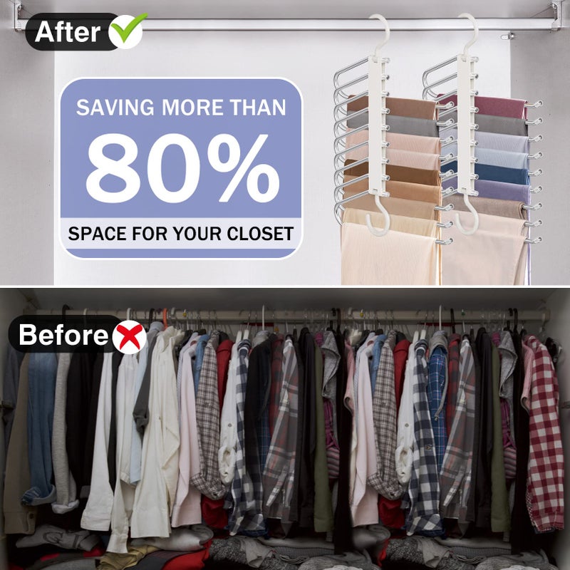 Besslly Upgrade 9 Layers Pants Hangers Space Saving, 2 Pack Pant Hangers Organizer Multifunctional Pants Rack Space Saver Closet Organizers and Storage Hangers for Pants Jeans Leggings Trousers Skirts, White - Image 3