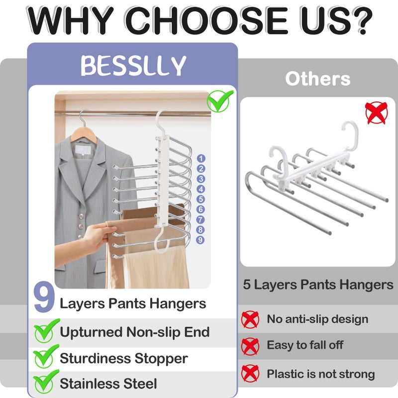 Besslly Upgrade 9 Layers Pants Hangers Space Saving, 2 Pack Pant Hangers Organizer Multifunctional Pants Rack Space Saver Closet Organizers and Storage Hangers for Pants Jeans Leggings Trousers Skirts, White - Image 2