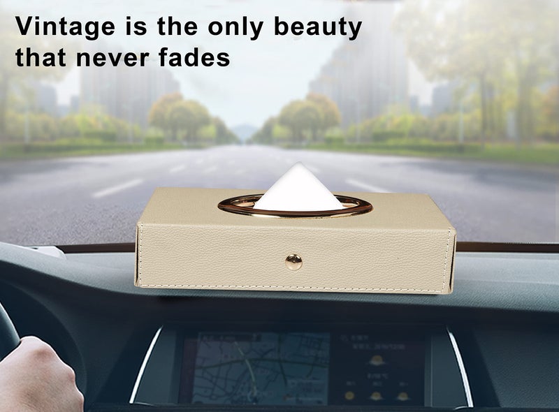 Auto Hub Leather Car Tissue Holder Box for Car, Home, Office with 100 Tissue Pulls - Chrome -Beige - Image 5